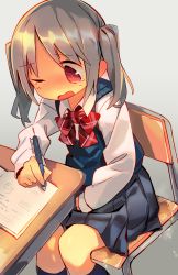 Rule 34 | 1girl, between legs, black skirt, blue socks, blue vest, blush, book, bow, bowtie, chair, cloneko (zelmeledf2), collared shirt, desk, dutch angle, ear blush, embarrassed, female focus, flat chest, from above, gradient background, grey background, grey hair, hand between legs, have to pee, highres, holding, holding pen, kneehighs, long hair, long sleeves, looking down, miniskirt, nose blush, on chair, one eye closed, open book, open mouth, original, pee, peeing, peeing self, pen, plaid, plaid bow, plaid bowtie, pleated skirt, red bow, red bowtie, red eyes, school chair, school desk, school uniform, shirt, sidelocks, simple background, sitting, skirt, socks, solo, steam, tears, twintails, vest, wet, wet clothes, white shirt, wince, writing