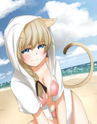 Rule 34 | 1girl, animal ears, bad id, bad pixiv id, beach, bikini, bikini under clothes, blue eyes, blue sky, blush, braid, breasts, brown hair, cat ears, cat tail, cleavage, cloud, covered erect nipples, cowboy shot, day, dutch angle, hair between eyes, hair over shoulder, hair ribbon, highres, hood, hoodie, kento1102, kneeling, large breasts, leaning forward, light brown hair, long hair, looking at viewer, low-tied long hair, lynette bishop, navel, no pants, ocean, on ground, open clothes, open hoodie, outdoors, pink bikini, puffy nipples, ribbon, sand, seductive smile, single braid, sky, smile, solo, strap gap, strike witches, swimsuit, swimsuit under clothes, tail, v arms, water, world witches series
