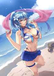 Rule 34 | 1girl, ahoge, bare shoulders, beach, bikini, bikini skirt, blue hair, blue nails, blue skirt, blue sky, breasts, cleavage, closed mouth, cloud, collarbone, colored tips, commentary, cowboy shot, day, detached collar, elf, flower, groin, hair between eyes, hair flower, hair ornament, heart, heart ahoge, highleg, highleg bikini, highres, holding shawl, hololive, large breasts, lens flare, long hair, looking at viewer, mibry (phrysm), miniskirt, multicolored hair, nail polish, navel, o-ring, o-ring bikini, ocean, outdoors, pleated skirt, pointy ears, ponytail, rock, see-through, see-through shawl, shadow, shawl, sidelocks, skindentation, skirt, sky, smile, solo, standing, standing on one leg, stomach, streaked hair, swimsuit, thigh strap, underboob, very long hair, virtual youtuber, w arms, white bikini, yellow eyes, yukihana lamy