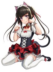 Rule 34 | 1girl, animal ears, bell, black hair, blush, breasts, cat ears, cat tail, closed mouth, collar, fang, full body, legs, long hair, looking at viewer, maid headdress, mary janes, neck bell, paw pose, red eyes, senki zesshou symphogear, shoes, simple background, small breasts, solo, tail, thighhighs, tsukamoto kensuke, tsukuyomi shirabe, white background, white thighhighs