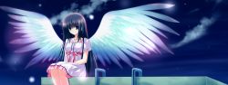 Rule 34 | 1980s (style), 1girl, angel, black hair, bow, braid, breasts, brown eyes, cloud, collarbone, dress, game cg, highres, jewelry, kurata mao, light particles, light smile, long hair, long image, looking at viewer, necklace, night, night sky, oldschool, outdoors, pendant, retro artstyle, rooftop, short sleeves, side braid, sitting, sky, small breasts, smile, solo, star (sky), tenshi no tamago, tenshi no tamago (game), tenshi no tamago (purple software), very long hair, white dress, wide image, wings, zinno