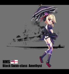 Rule 34 | 1girl, absurdres, amethyst (warship girls r), ass, black panties, blonde hair, bow, bowtie, character name, drill hair, english text, eyepatch, gloves, hairband, highres, letterboxed, official art, panties, pantyhose, photo background, red eyes, royal navy, sirills, solo, striped clothes, striped pantyhose, torn clothes, torn eyepatch, torn pantyhose, twin drills, umbrella, underwear, warship girls r, zhan jian shaonu