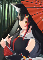 Rule 34 | 1girl, absurdres, animal ears, bamboo, bamboo forest, bare shoulders, bell, black shirt, black sleeves, closed mouth, detached sleeves, flipped hair, forest, from side, hair between eyes, hair ornament, hairclip, highres, holding, holding umbrella, hololive, honome sui, jingle bell, kouhaku nawa, long hair, looking at viewer, low-tied long hair, multicolored hair, nature, neckerchief, oil-paper umbrella, ookami mio, ookami mio (1st costume), red hair, red neckerchief, red umbrella, rope, sailor collar, sailor shirt, shimenawa, shirt, sidelocks, sleeveless, smile, solo, streaked hair, umbrella, upper body, very long hair, virtual youtuber, wide sleeves, wolf ears, yellow eyes