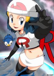 Rule 34 | 1girl, blue eyes, blue hair, cosplay, creatures (company), dawn (pokemon), female focus, game freak, gen 4 pokemon, hainchu, happy, highres, looking at viewer, matching hair/eyes, miniskirt, navel, nintendo, pencil skirt, piplup, pokemon, skirt, skirt set, smile, solo, team rocket (cosplay), tight skirt, white skirt