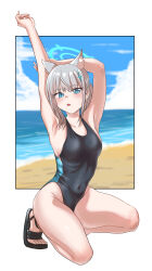 Rule 34 | 1girl, absurdres, animal ear fluff, animal ears, arm up, beach, black one-piece swimsuit, blue archive, blue eyes, blue sky, breasts, cloud, competition swimsuit, covered navel, cross hair ornament, extra ears, full body, grey hair, hair ornament, halo, highleg, highleg swimsuit, highres, horizon, low ponytail, medium breasts, medium hair, mismatched pupils, multicolored clothes, multicolored swimsuit, ocean, official alternate costume, one-piece swimsuit, pangtanto, sandals, shiroko (blue archive), shiroko (swimsuit) (blue archive), sky, solo, swimsuit, wolf ears
