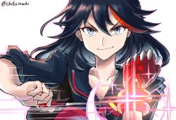 Rule 34 | 1girl, blue eyes, breasts, chikoinochi, cleavage, clenched hand, gloves, hair between eyes, hand up, highres, kill la kill, long hair, matoi ryuuko, medium breasts, multicolored hair, portrait, pulling, red hair, senketsu, simple background, smile, solo, streaked hair, twitter username, two-tone hair, white background