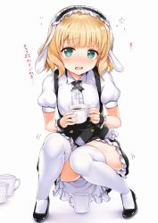Rule 34 | 1girl, aldehyde, animal ears, blonde hair, blouse, blush, coffee cup, commentary, cup, disposable cup, fake animal ears, fleur de lapin uniform, frilled shirt, frills, full body, gochuumon wa usagi desu ka?, green eyes, hairband, kirima syaro, lolita hairband, looking at viewer, open mouth, puffy short sleeves, puffy sleeves, rabbit ears, revision, shirt, short sleeves, simple background, skirt, skirt set, solo, squatting, thighhighs, thighs, translated, vest, waitress, white background, white shirt, white thighhighs