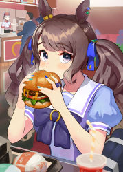 Rule 34 | 1boy, 2girls, animal ears, bag, blush, breasts, brown hair, burger, collared shirt, cup, disposable cup, drinking straw, drooling, eating, faceless, faceless male, food, food on face, gold ship (umamusume), grey hair, highres, holding, holding food, horse ears, indoors, jewelry, long hair, looking at viewer, medium breasts, multicolored nails, multiple girls, nail polish, nora (agentpuppyone), open mouth, puffy short sleeves, puffy sleeves, purple shirt, ring, sailor collar, school bag, school uniform, sesame seeds, shirt, short sleeves, sitting, squeans, standing, table, tongs, tosen jordan (umamusume), tracen school uniform, tray, twintails, umamusume