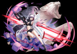 Rule 34 | 1girl, animal ears, arknights, arm up, arrow (projectile), bag, bare legs, bare shoulders, black background, black footwear, black gloves, black hair, black scarf, black shorts, bow (weapon), breasts, chinese commentary, coat, commentary request, crop top, crossbow, duffel bag, eternity (pixiv8012826), fingerless gloves, floating hair, full body, gloves, gradient hair, hair over one eye, highres, holding, holding crossbow, holding weapon, large breasts, leg up, long hair, midriff, multicolored hair, navel, open clothes, open coat, ponytail, quiver, scarf, schwarz (arknights), shoes, short shorts, shorts, silver hair, simple background, solo, stomach, very long hair, weapon, white coat, yellow eyes