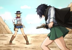 Rule 34 | 2girls, bandana, belt, black hair, black headwear, blonde hair, blouse, blue sky, boots, brown belt, brown footwear, closed mouth, cloud, cloudy sky, collared shirt, commentary request, corset, cowboy boots, cowboy hat, cowboy western, day, drawing gun, drawing sword, fighting stance, frown, girls und panzer, green eyes, green skirt, haori, hat, highres, holding, holding sword, holding weapon, holstered, jane (girls und panzer), japanese clothes, katana, leaning forward, long sleeves, looking at another, medium hair, messy hair, miniskirt, motion lines, multiple girls, omachi (slabco), ooarai school uniform, oryou (girls und panzer), outdoors, pleated skirt, ready to draw, red bandana, school uniform, serafuku, shirt, short hair, short ponytail, skirt, sky, standing, star (symbol), sword, weapon, white shirt, wind