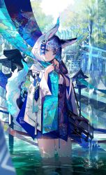 Rule 34 | 1girl, animal ears, blonde hair, blue eyes, bow, expressionless, fox ears, fox tail, fuzichoco, hair bow, highres, japanese clothes, looking at viewer, multicolored hair, multiple torii, original, short hair, solo, standing, tail, torii, tree, two-tone hair, wading, water, water drop, white hair