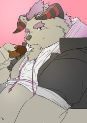 Rule 34 | 1boy, bara, behemoth (housamo), belly, clothes lift, curled horns, doughnut, eating, fat, fat man, flat color, food, forked eyebrows, from side, furry, furry male, grey fur, haishiba ame, highres, holding, holding food, horns, light blush, looking at viewer, male focus, mohawk, muscular, muscular male, navel, pink background, purple hair, shirt lift, short hair, sleeves rolled up, solo, stomach, thick eyebrows, tokyo houkago summoners, upper body