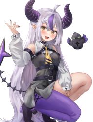Rule 34 | 1girl, absurdres, black nails, braid, braided bangs, coat, collar, crow (la+ darknesss), demon girl, demon horns, grey hair, highres, hololive, horns, la+ darknesss, legs, metal collar, multicolored hair, nail polish, neckerchief, pantyhose, pointy ears, purple coat, purple hair, purple thighhighs, simple background, single leg pantyhose, single thighhigh, slit pupils, squatting, streaked hair, striped horns, tail, thighhighs, thighs, una hirag, virtual youtuber, yellow eyes