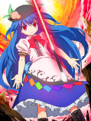 Rule 34 | &gt;:), 1girl, bad id, bad pixiv id, blue hair, boots, cross-laced footwear, energy sword, female focus, food, fruit, glowing, hat, hinanawi tenshi, lace-up boots, long hair, peach, red eyes, shirt, skirt, smile, smirk, solo, sword, sword of hisou, tonbi, touhou, v-shaped eyebrows, very long hair, weapon