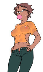 Rule 34 | 1girl, abs, breasts, brown eyes, brown hair, blowing bubbles, chewing gum, crop top, dark-skinned female, dark skin, female pubic hair, freckles, glasses, hands on own hips, looking at viewer, medium breasts, midriff, navel, no panties, open fly, pants, pince-nez, pubic hair, revealing clothes, see-through, short hair, simple background, solo, sweat, toned, tsukudani (coke-buta), unzipped
