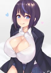 Rule 34 | 1girl, blue eyes, blue hair, blush, breasts, bursting breasts, character request, cleavage, copyright request, dress shirt, heart, heart-shaped pupils, jacket, kuavera, large breasts, licking lips, long sleeves, looking at viewer, miyako (kuavera), mole, mole under mouth, multicolored hair, open clothes, open jacket, purple hair, shirt, short hair, signature, simple background, smile, solo, streaked hair, symbol-shaped pupils, tongue, tongue out, upper body, white background