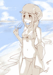 Rule 34 | 1girl, :p, bikini, bow, breasts, cabbie hat, cleavage, food, front-tie top, hat, hat bow, jacket, jacket off shoulders, jewelry, kyuri, navel, necklace, off shoulder, original, popsicle, solo, spot color, swimsuit, tongue, tongue out
