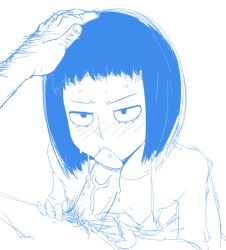 Rule 34 | 10s, 1boy, 1girl, akatsuki katsuie, bad id, bad twitter id, blue theme, blush, bob cut, breasts, fellatio, hand on another&#039;s head, hetero, inactive account, kurata tome, looking up, mob face, mob psycho 100, monochrome, nude, oral, penis, short hair, simple background, small breasts, sweat, upper body, veins, veiny penis, white background