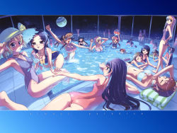 Rule 34 | 6+girls, ;d, adjusting clothes, adjusting swimsuit, afloat, ass, ball, beachball, bent over, bikini, blonde hair, blue hair, breasts, brown hair, cleavage, closed eyes, covered erect nipples, crowd, drink, everyone, food, halterneck, hat, indoors, innertube, koume keito, large breasts, letterboxed, long hair, lying, medium breasts, multiple girls, navel, night, on back, on stomach, one-piece swimsuit, one eye closed, open mouth, party, pillarboxed, pocky, pool, poolside, red hair, sitting, sky, small breasts, smile, soaking feet, straw hat, swim ring, swimming, swimsuit, towel, twintails, water, wet, wink