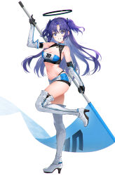 Rule 34 | 1girl, bare shoulders, blue archive, blue tube top, blush, boots, breasts, cleavage, detached sleeves, elbow gloves, flag, full body, gloves, hair ornament, halo, highres, holding, holding flag, large breasts, leg up, long hair, looking at viewer, midriff, navel, parted bangs, purple eyes, purple hair, race queen, rity, simple background, skirt, smile, solo, standing, standing on one leg, stomach, strapless, thigh boots, thighhighs, thighs, tube top, two side up, white background, white gloves, yuuka (blue archive)