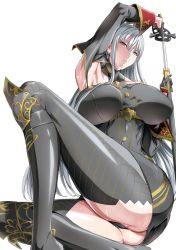 Rule 34 | 1girl, arm up, ass, black panties, blush, breasts, detached sleeves, grey thighhighs, large breasts, long hair, looking at viewer, panties, photoshop (medium), red eyes, revision, selvaria bles, senjou no valkyria, senjou no valkyria (series), senjou no valkyria 1, sheath, shino (comic penguin club), silver hair, solo, sweat, thighhighs, underwear, unsheathing, very long hair, weapon, white background