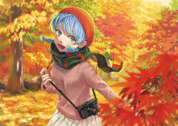 Rule 34 | 1girl, autumn, autumn leaves, blue eyes, blue hair, braid, camera, digital camera, ghostpia, highres, leaf, long sleeves, lower teeth only, maple leaf, open mouth, outdoors, pink sweater, plaid, plaid scarf, pleated skirt, red headwear, scarf, skirt, solo, sweater, teeth, tree, twin braids, white skirt, yamamoto suzume, yoru (ghostpia)