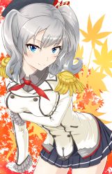 Rule 34 | 10s, 1girl, bare legs, beret, black skirt, blue eyes, blush, breast hold, breasts, epaulettes, female focus, frilled sleeves, frills, gloves, hat, head tilt, highres, kantai collection, kashima (kancolle), large breasts, leaf, leaning, leaning forward, legs, long sleeves, looking at viewer, maple leaf, military, military uniform, miniskirt, naughty face, neck, pleated skirt, short hair, shukurin, silver hair, skirt, smile, solo, standing, two side up, uniform, white gloves