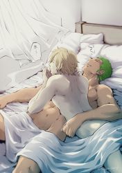 Rule 34 | 2boys, abs, absurdres, bed sheet, blonde hair, cigarette, couple, dark-skinned male, dark skin, earrings, feet out of frame, green hair, highres, interracial, jewelry, lying, lying on person, male focus, multiple boys, naked sheet, on back, on bed, on stomach, one piece, pectorals, pra (prapon0904), roronoa zoro, sanji (one piece), short hair, sideburns, single earring, sleeping, smoking, sweat, toned, toned male, translation request, wind, yaoi