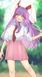 Rule 34 | 1girl, :d, animal ears, blurry, blurry background, blurry foreground, blush, contrapposto, depth of field, highres, long hair, looking at viewer, motion blur, necktie, open mouth, pink skirt, pleated skirt, purple hair, rabbit ears, red necktie, reisen udongein inaba, shirt, skirt, smile, solo, touhou, uchisaki himari, white shirt