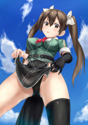 Rule 34 | 10s, 1girl, black gloves, black panties, black thighhighs, blue sky, blush, breasts, brown eyes, brown hair, cloud, covered erect nipples, day, elbow gloves, from below, gloves, gradient background, hair ribbon, jilllxlxl, kantai collection, long hair, looking down, medium breasts, panties, pelvic curtain, ribbon, single elbow glove, single thighhigh, sky, solo, sweat, thighhighs, tone (kancolle), tone kai ni (kancolle), twintails, underwear