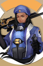 Rule 34 | 1girl, aged down, ana (overwatch), beret, black gloves, black hair, blue jacket, brown background, brown eyes, captain amari, dark-skinned female, dark skin, emblem, eyepatch, facial mark, facial tattoo, finger gun, gloves, gun, hat, holding, holding gun, holding weapon, iceky, jacket, light smile, lips, long hair, looking at viewer, military, military uniform, nose, official alternate costume, one eye closed, overwatch, overwatch 1, pointing, pointing at viewer, rifle, shadow, sniper rifle, solo, tattoo, uniform, upper body, weapon