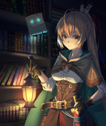 Rule 34 | absurdres, book, brown corset, cloak, corset, dagger, friend (nanashi mumei), hand on own hip, highres, holocouncil, hololive, hololive english, knife, lantern, library, looking at viewer, moon (restire), nanashi mumei, resolution mismatch, source smaller, virtual youtuber, weapon