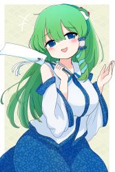 Rule 34 | +++, 1girl, absurdres, bare shoulders, blue eyes, blue skirt, blush stickers, detached sleeves, frog hair ornament, gohei, green hair, hair ornament, hair tubes, highres, holding, japanese clothes, kochiya sanae, long hair, looking at viewer, nontraditional miko, open mouth, rei (tonbo0430), skirt, smile, snake hair ornament, solo, touhou, white sleeves, wide sleeves