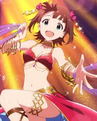 1girl, amami haruka, arms, bangs, bare shoulders, belly dancer, bikini top, bracelet, breasts, brown hair, choker, cleavage, dancing, green eyes, hair ornament, hair ribbons, hands, happy, idolmaster, idolmaster (classic), jewelry, legs, looking at viewer, lots of jewelry, medium breasts, midriff, navel, official art, one leg up, open mouth, pelvic curtain, sandals, shiny, short hair, shoulders, solo, sweat, thighs