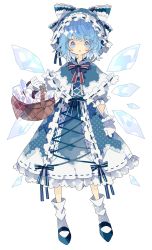 Rule 34 | absurdres, adapted costume, basket, black footwear, blue bow, blue capelet, blue dress, blue eyes, blue hair, blush, bow, capelet, cirno, commentary, detached wings, dress, frills, gloves, highres, holding, holding basket, hood, hood up, ice, ice wings, looking at viewer, loose socks, nikorashi-ka, red neckwear, shoes, short hair, simple background, socks, solo, touhou, triangle mouth, white background, white gloves, white socks, wings