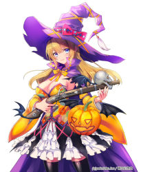 Rule 34 | 1girl, bat wings, black thighhighs, black wings, blonde hair, blue eyes, blush, breasts, cape, character request, cleavage, detached sleeves, fuji minako, gun, halloween, hat, holding, holding weapon, jack-o&#039;-lantern, large breasts, long hair, long sleeves, official art, pumpkin, sengoku gensoukyoku, skirt, skull, smile, solo, strapless, thighhighs, watermark, weapon, white background, wings, witch hat