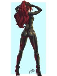 Rule 34 | 1girl, absurdres, artist name, ass, back, black bodysuit, bodysuit, full body, heels, highres, kirijou mitsuru, latex, latex suit, long hair, looking back, persona, persona 3, red hair, red lightning, shiny clothes, signature, solo, thighs