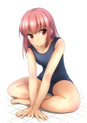 Rule 34 | 1girl, arm support, bare arms, bare legs, bare shoulders, barefoot, blue one-piece swimsuit, collarbone, commentary request, fingernails, hair between eyes, highres, leaning forward, long hair, old school swimsuit, one-piece swimsuit, original, red eyes, red hair, school swimsuit, shibacha, sitting, solo, swimsuit, thighs, tile floor, tiles, white background