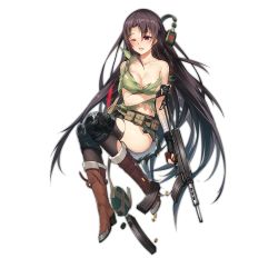 Rule 34 | 1girl, ;o, ass, bare shoulders, black gloves, black hair, black thighhighs, blush, boots, breasts, bullet, canteen, cleavage, fingerless gloves, full body, girls&#039; frontline, gloves, gun, headphones, headphones removed, holding, holding gun, holding weapon, integrally-suppressed firearm, long hair, magazine (weapon), one eye closed, open mouth, purple eyes, solo, submachine gun, thighhighs, torn clothes, torn thighhighs, transparent background, type 64 (girls&#039; frontline), type 64 smg, very long hair, weapon