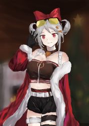 Rule 34 | 1girl, absurdres, arm up, black gloves, black shorts, bow, breasts, brown tank top, christmas, cloak, cloak pull, closed mouth, double bun, eyewear on head, feet out of frame, girls&#039; frontline, gloves, grey hair, hair bow, hair bun, hair ornament, hairclip, highres, long hair, looking at viewer, medium breasts, merry christmas, official alternate costume, p90 (girls&#039; frontline), p90 (scarlet turbo) (girls&#039; frontline), red bow, red cloak, red eyes, santa costume, shorts, simple background, smile, solo, standing, suspenders, tank top, wh1te