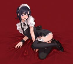 Rule 34 | alternate costume, arm support, ass, bed sheet, black dress, black footwear, black hair, black ribbon, black thighhighs, black wrist cuffs, blush, boku wa tomodachi ga sukunai, breasts, collared shirt, commentary, convenient leg, curvy, dress, embarrassed, enmaided, frilled dress, frilled thighhighs, frills, full body, hair between eyes, highres, knees apart feet together, legs, lower teeth only, lying, maid, maid headdress, mary janes, mikazuki yozora, on side, open mouth, puffy short sleeves, puffy sleeves, purple eyes, red background, ribbon, shirt, shoes, short dress, short hair, short sleeves, sidelocks, simple background, small breasts, sooon, sweatdrop, teeth, thighhighs, thighs, v-shaped eyebrows, white shirt, wrist cuffs, zettai ryouiki