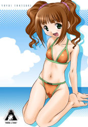 Rule 34 | 1girl, :d, artist name, barefoot, bikini, brown hair, character name, cloud, day, green eyes, halftone, halftone background, idolmaster, idolmaster (classic), long hair, mercy rabbit, navel, open mouth, sitting, smile, solo, swimsuit, takatsuki yayoi, twintails