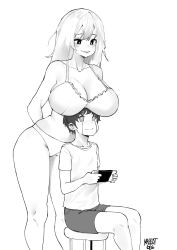 Rule 34 | 1boy, 1girl, age difference, arms behind back, artist name, bare arms, bare shoulders, blush, bra, breast rest, breasts, breasts on head, character request, cleavage, commission, curvy, feet out of frame, greyscale, handheld game console, highres, large breasts, monochrome, norman maggot, original, panties, rival hearts!, short hair, shorts, sitting, skindentation, standing, strap gap, underwear, underwear only