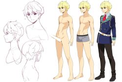 Rule 34 | 1boy, abs, aiguillette, bar censor, barefoot, belt, bishounen, blonde hair, blue eyes, blue jacket, blush, boxer briefs, buttons, censored, character sheet, clothes on/clothes off, collarbone, collared shirt, commentary request, completely nude, cropped torso, double-breasted, erection, from side, full body, hair between eyes, ino (magloid), jacket, kurata toshihito, lapels, large penis, looking at viewer, male underwear, military jacket, multiple views, navel, necktie, no nipples, nude, otomege no akuyaku mob sono 2 wa hametsu end wo kaihi shitai., pants, parted lips, penis, plaid lapels, plaid sleeves, portrait, profile, red necktie, school uniform, shirt, shoes, short hair, shoulder boards, smile, sparkle, standing, testicles, underwear, variations, white background, white shirt