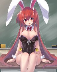 Rule 34 | 1girl, animal ears, black leotard, blush, bow, bowtie, breasts, chalkboard, cleavage, collar, commentary request, covered navel, desk, detached collar, earrings, fake animal ears, feet out of frame, hair between eyes, highres, indoors, jewelry, large breasts, leotard, long hair, looking at viewer, on desk, open mouth, original, playboy bunny, rabbit ears, rabbit girl, red bow, red bowtie, red eyes, red hair, ryogo, sitting, on desk, solo, strapless, strapless leotard, usami tsuitachi, very long hair, white collar, wing collar, wrist cuffs