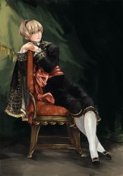 Rule 34 | 1boy, ai-wa, black cape, black footwear, black jacket, black pants, blonde hair, cape, chair, closed mouth, commentary, crossed legs, curtains, cushion, embroidery, english commentary, fire emblem, fire emblem fates, full body, hairband, highres, jacket, kneehighs, lace-trimmed sleeves, lace trim, leaning to the side, leo (fire emblem), long sleeves, looking away, male focus, nintendo, own hands together, pants, sash, shoes, sitting, sitting sideways, socks, solo, white socks