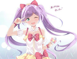 Rule 34 | 1girl, ;d, ahoge, blush, bow, commentary request, detached collar, green eyes, hair bow, heart, long hair, looking at viewer, manaka laala, microphone, mitsuki yuu, musical note, one eye closed, open mouth, pretty series, pripara, purple hair, red bow, red ribbon, ribbon, smile, solo, translation request, treble clef, twintails, upper body, v, v over eye
