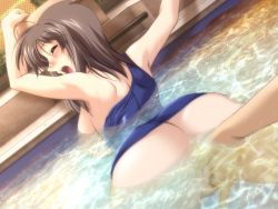 Rule 34 | 1boy, 1girl, ass, binetsu kyoushi cherry, breasts, breasts out, brown hair, fingering, functionally nude, game cg, hase chieri, hetero, koikawa kouta, large breasts, long hair, looking back, nipples, no bra, partially submerged, pool, public indecency, pussy, sweat, swimsuit, teacher and student, uncensored, wet, yamane masahiro, zyx
