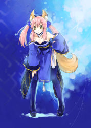 Rule 34 | 10s, 1girl, animal ear fluff, animal ears, azuma shouko, bare shoulders, blue background, blue thighhighs, breasts, cleavage, fate/extra, fate (series), hair between eyes, hand on own ass, hand on own thigh, pigeon-toed, pink hair, solo, tail, tamamo no mae (fate/extra), thighhighs, twintails, yellow eyes