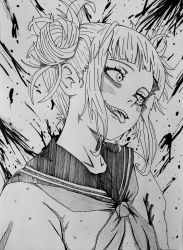 Rule 34 | 1girl, bags under eyes, blood, blunt bangs, blush, boku no hero academia, breasts, double bun, dress, eindrawppsn, eyelashes, fangs, greyscale, hair bun, hatching (texture), highres, linear hatching, looking to the side, messy hair, monochrome, open mouth, ribbon, sailor collar, sailor dress, school uniform, simple background, smile, solo, teeth, toga himiko, tongue, tongue out, traditional media, upper body